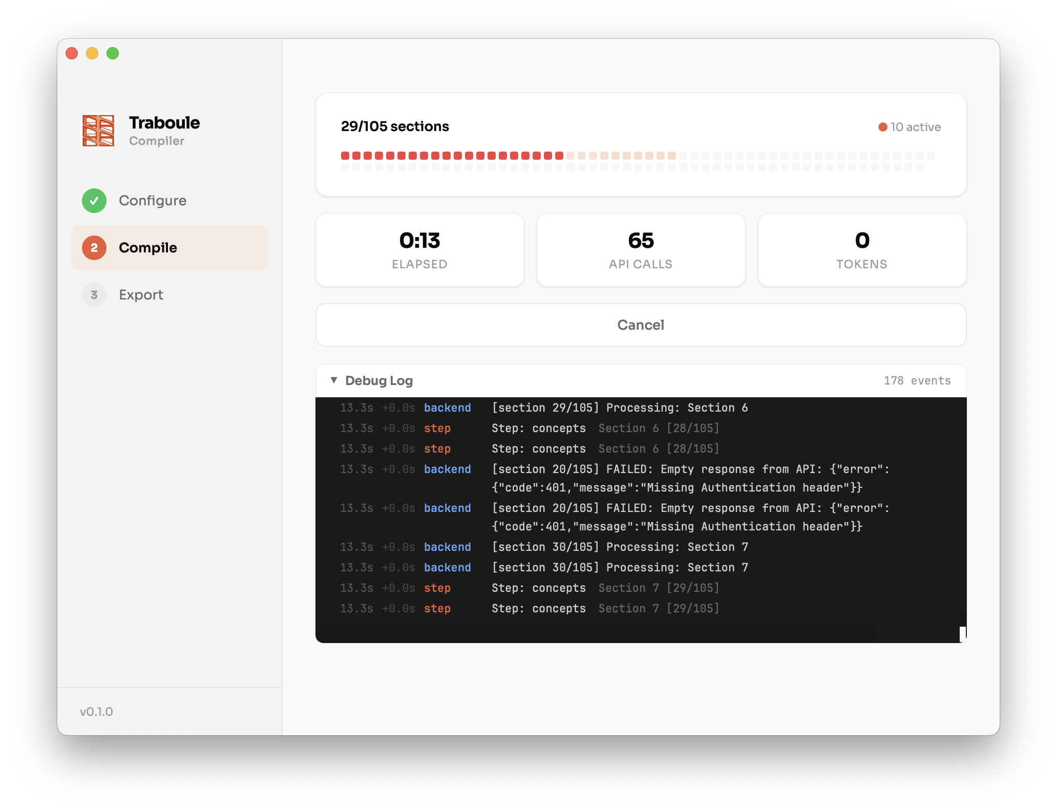 Traboule Compiler desktop app — configure, compile, and export .traboule files